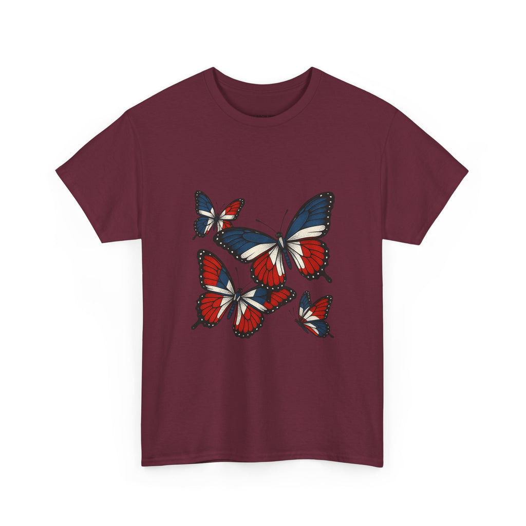 Red White Blue Butterfly Tee, Unisex Heavy Cotton Tee, Casual Summer Shirt, Nature Lover Gift, Independence Day Apparel, Stylish Graphic Tee