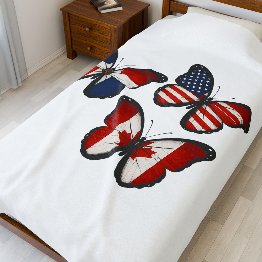 Patriotic Butterfly Plush Blanket - Cozy Throw for Home, Gift for Independence Day, USA, Canada, France, Snuggle Accent
