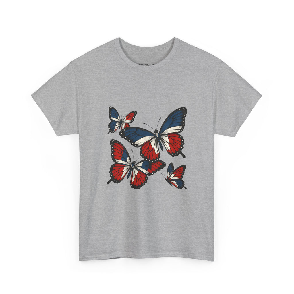 Red White Blue Butterfly Tee, Unisex Heavy Cotton Tee, Casual Summer Shirt, Nature Lover Gift, Independence Day Apparel, Stylish Graphic Tee