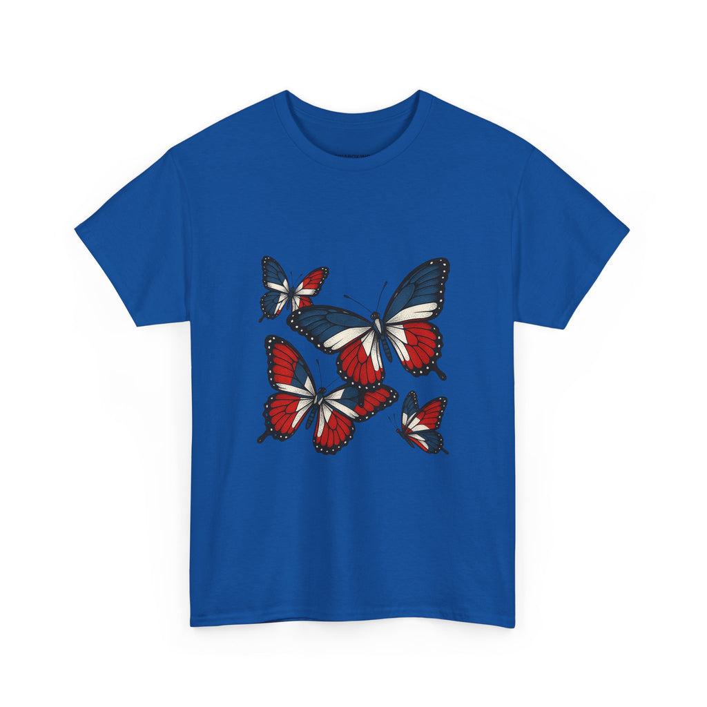 Red White Blue Butterfly Tee, Unisex Heavy Cotton Tee, Casual Summer Shirt, Nature Lover Gift, Independence Day Apparel, Stylish Graphic Tee