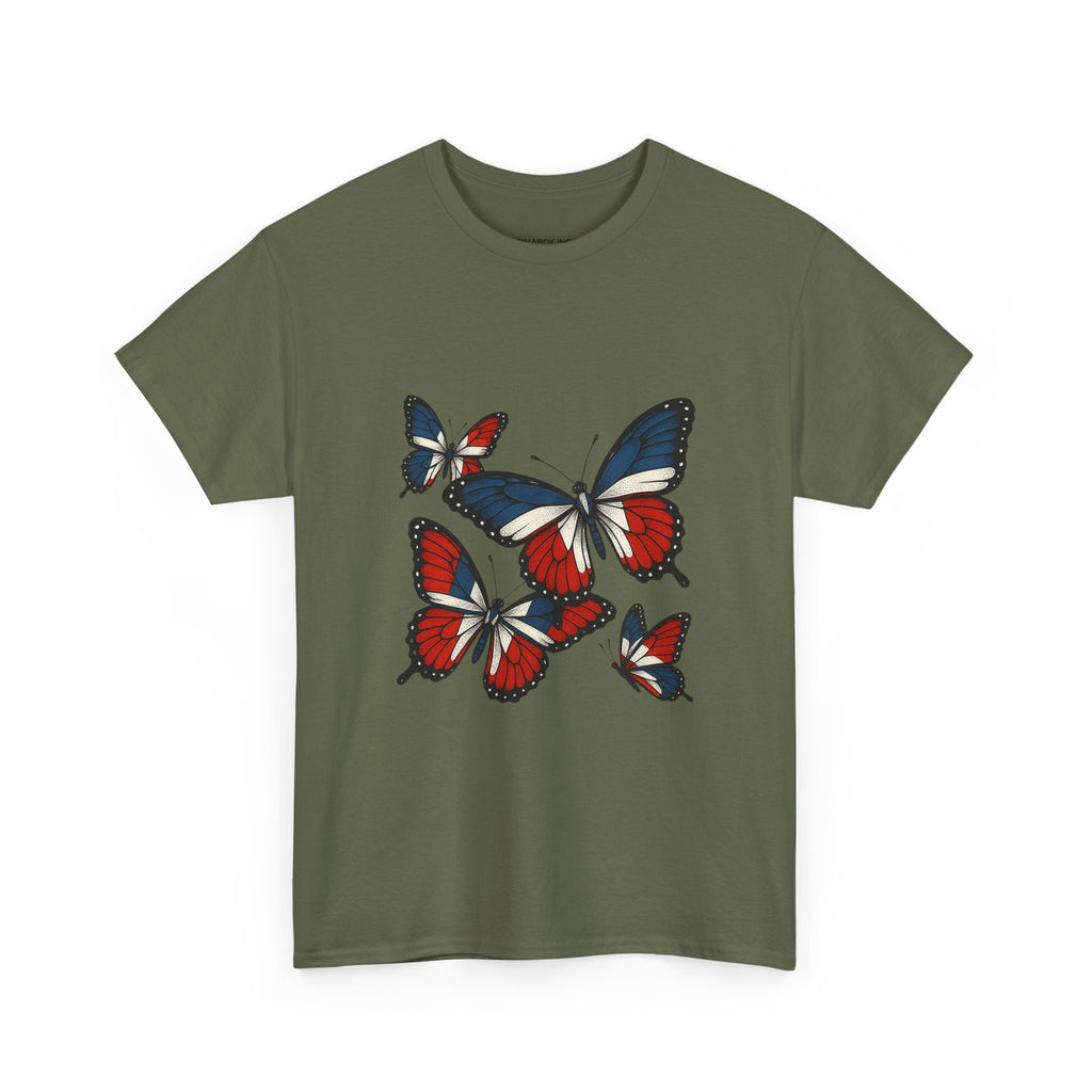 Red White Blue Butterfly Tee, Unisex Heavy Cotton Tee, Casual Summer Shirt, Nature Lover Gift, Independence Day Apparel, Stylish Graphic Tee
