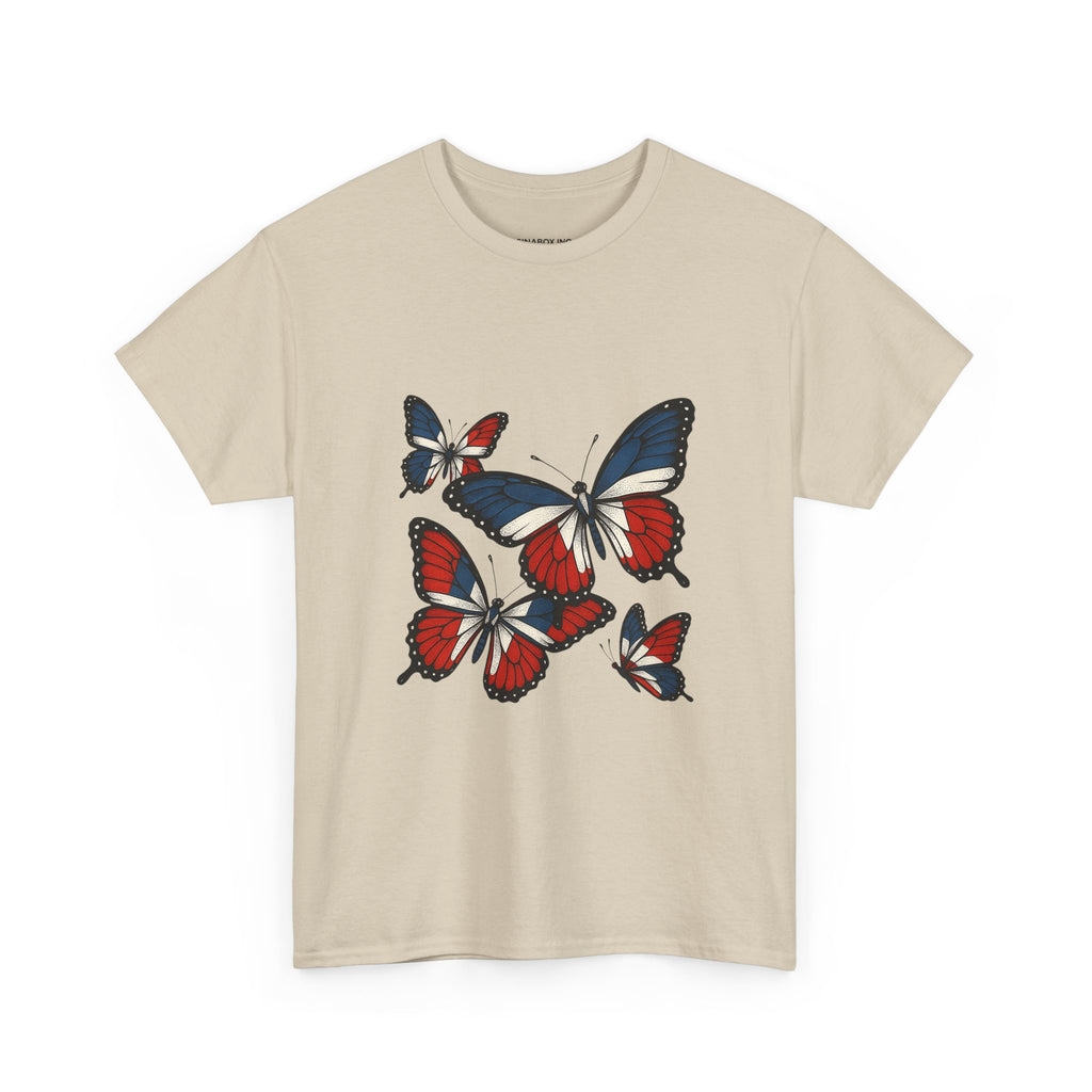 Red White Blue Butterfly Tee, Unisex Heavy Cotton Tee, Casual Summer Shirt, Nature Lover Gift, Independence Day Apparel, Stylish Graphic Tee