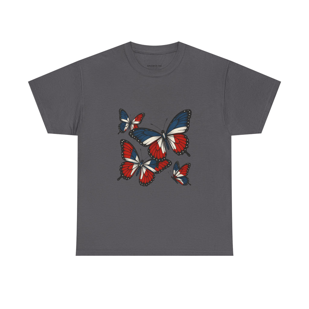 Red White Blue Butterfly Tee, Unisex Heavy Cotton Tee, Casual Summer Shirt, Nature Lover Gift, Independence Day Apparel, Stylish Graphic Tee