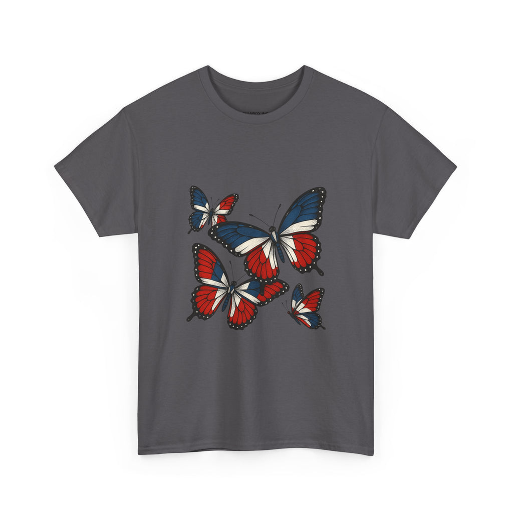 Red White Blue Butterfly Tee, Unisex Heavy Cotton Tee, Casual Summer Shirt, Nature Lover Gift, Independence Day Apparel, Stylish Graphic Tee
