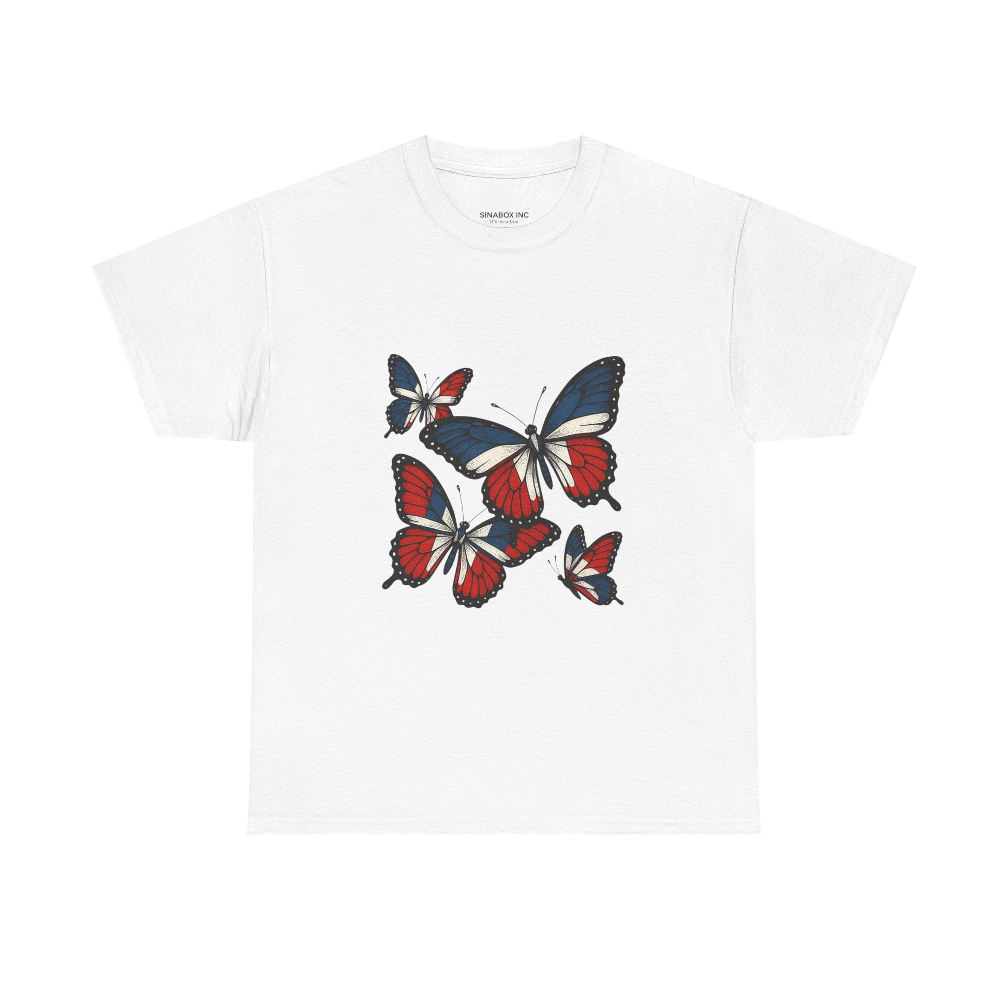 Red White Blue Butterfly Tee, Unisex Heavy Cotton Tee, Casual Summer Shirt, Nature Lover Gift, Independence Day Apparel, Stylish Graphic Tee
