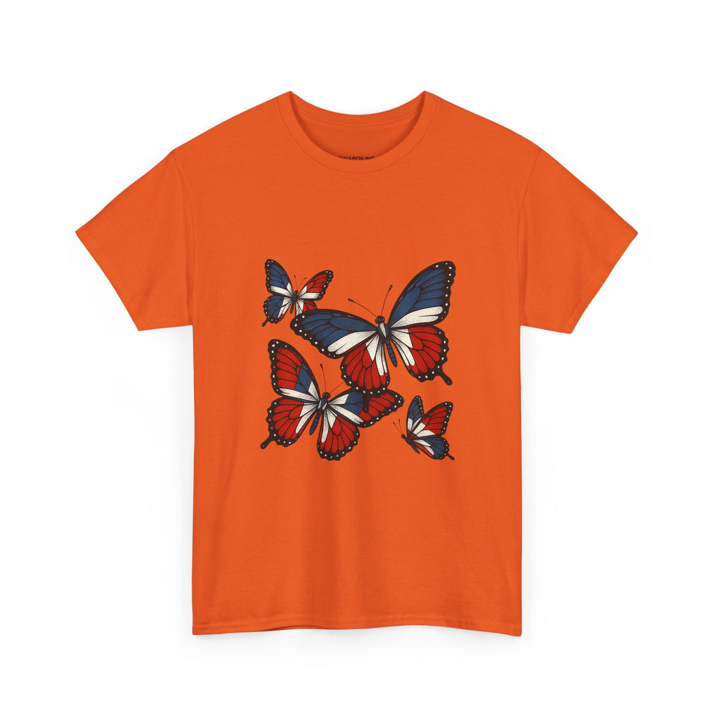 Red White Blue Butterfly Tee, Unisex Heavy Cotton Tee, Casual Summer Shirt, Nature Lover Gift, Independence Day Apparel, Stylish Graphic Tee
